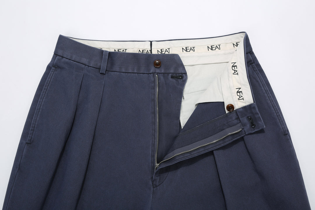 NEAT 26-01NC fade navy wide tapered chinos Japanese trousers detail