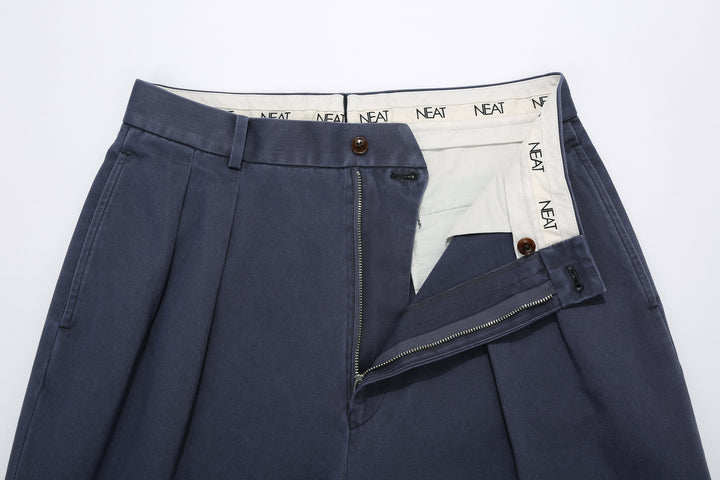 NEAT 26-01NC fade navy wide tapered chinos Japanese trousers detail