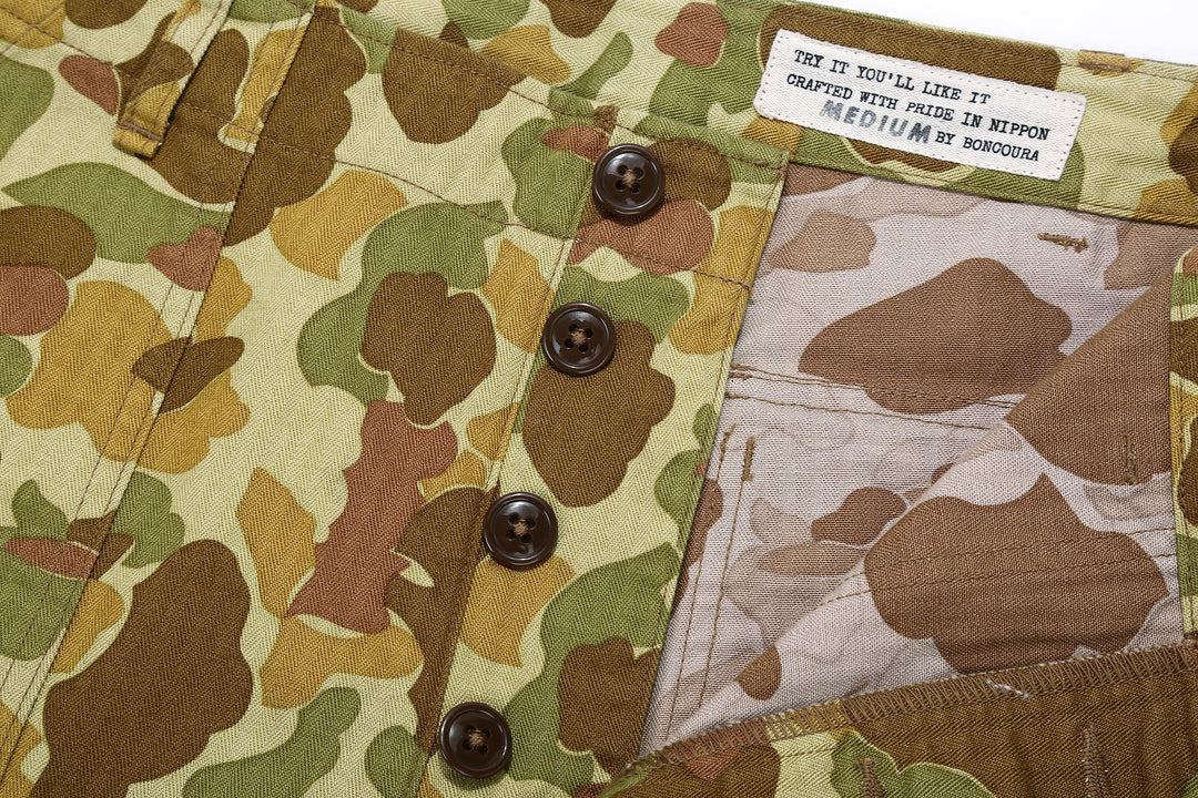 Boncoura Duck Hunter Camo US Army Baker Pants - Wide Straight Fit Made in Japan Front View Buttons Close Up