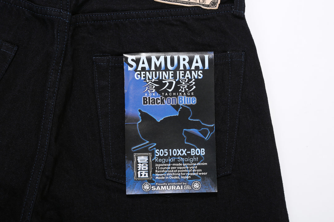 Samurai Jeans S0510XX-BOB Black on Blue 15oz selvedge denim regular straight fit made in Japan paper flasher