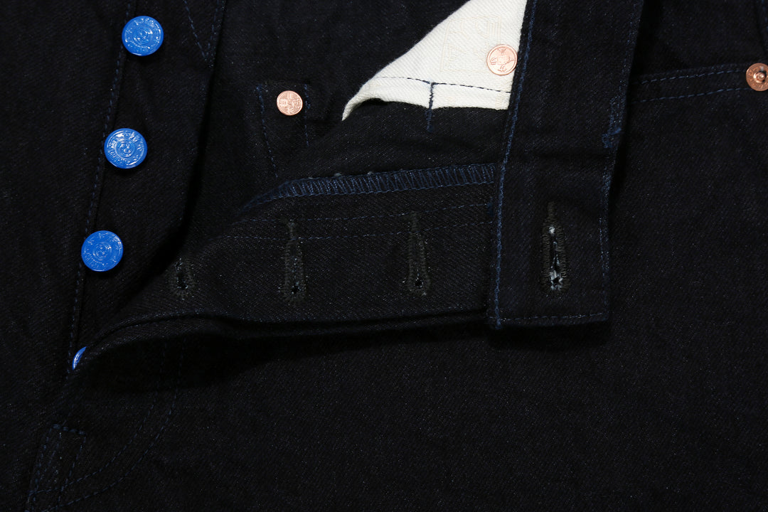 Samurai Jeans S0510XX-BOB Black on Blue 15oz selvedge denim regular straight fit made in Japan buttons hole