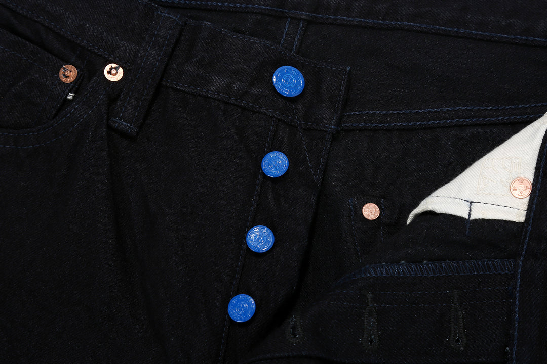 Samurai Jeans S0510XX-BOB Black on Blue 15oz selvedge denim regular straight fit made in Japan buttons close up
