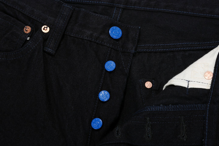 Samurai Jeans S0510XX-BOB Black on Blue 15oz selvedge denim regular straight fit made in Japan buttons close up
