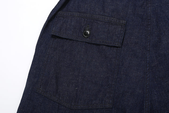 Boncoura Cotton Linen Indigo Denim Baker Pants – Back Patch Pocket Detail Left