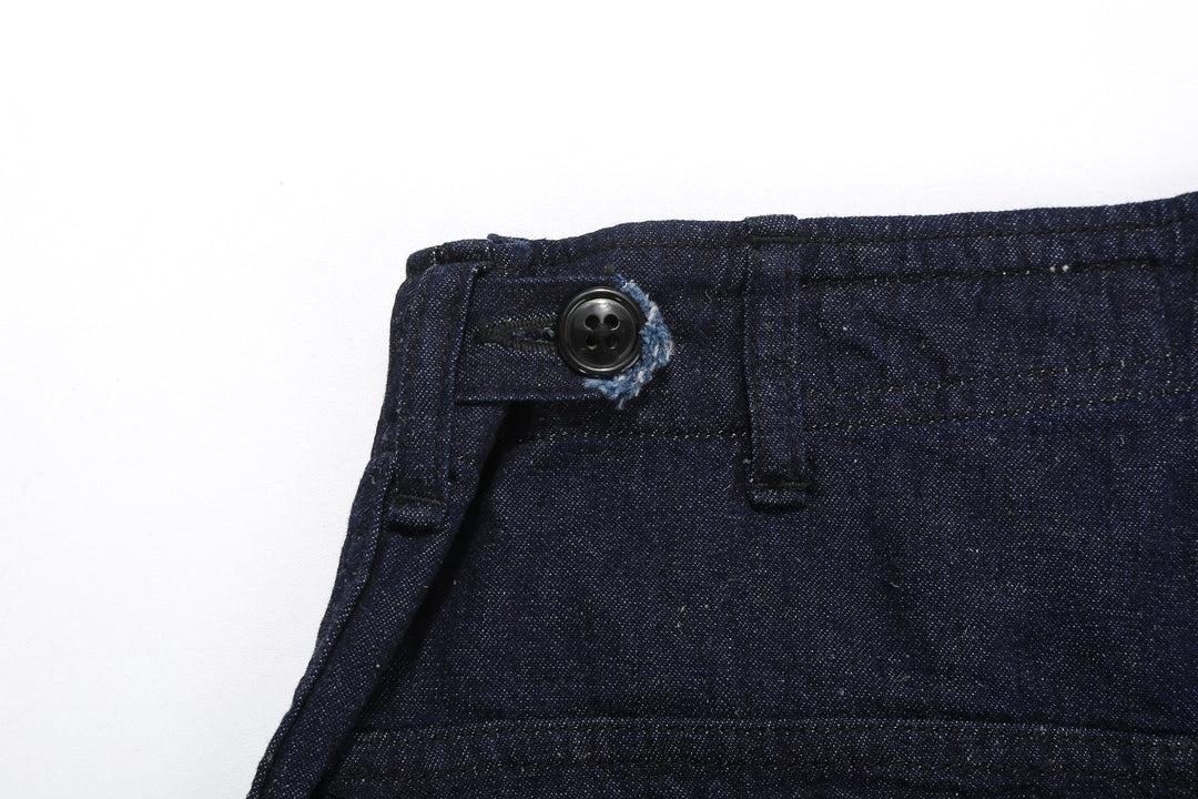 Boncoura Cotton Linen Indigo Denim Baker Pants – Side Waist Adjuster Detail