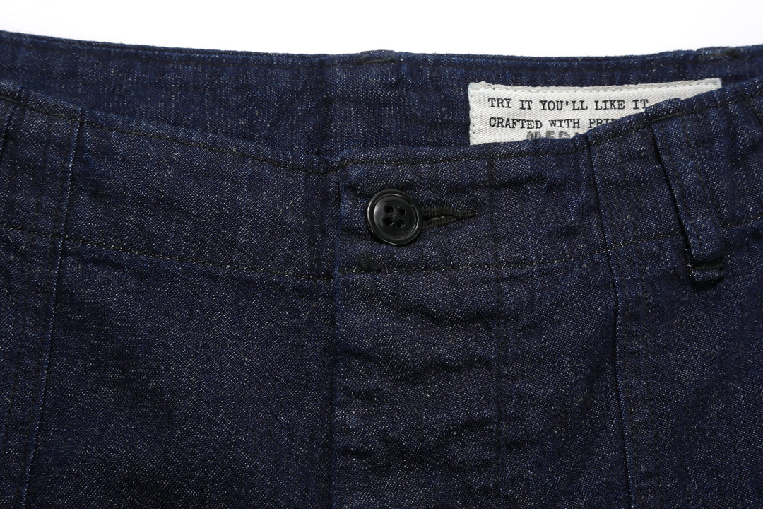 Boncoura Cotton Linen Indigo Denim Baker Pants – Waistband Button Detail