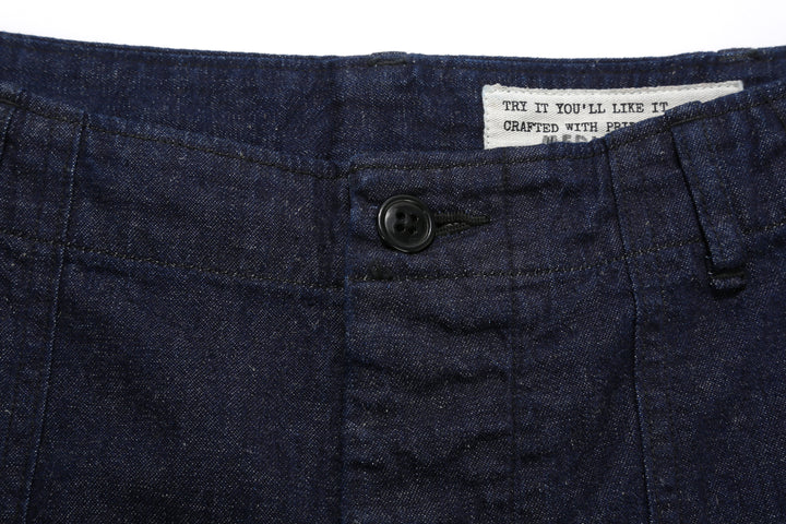 Boncoura Cotton Linen Indigo Denim Baker Pants – Waistband Button Detail