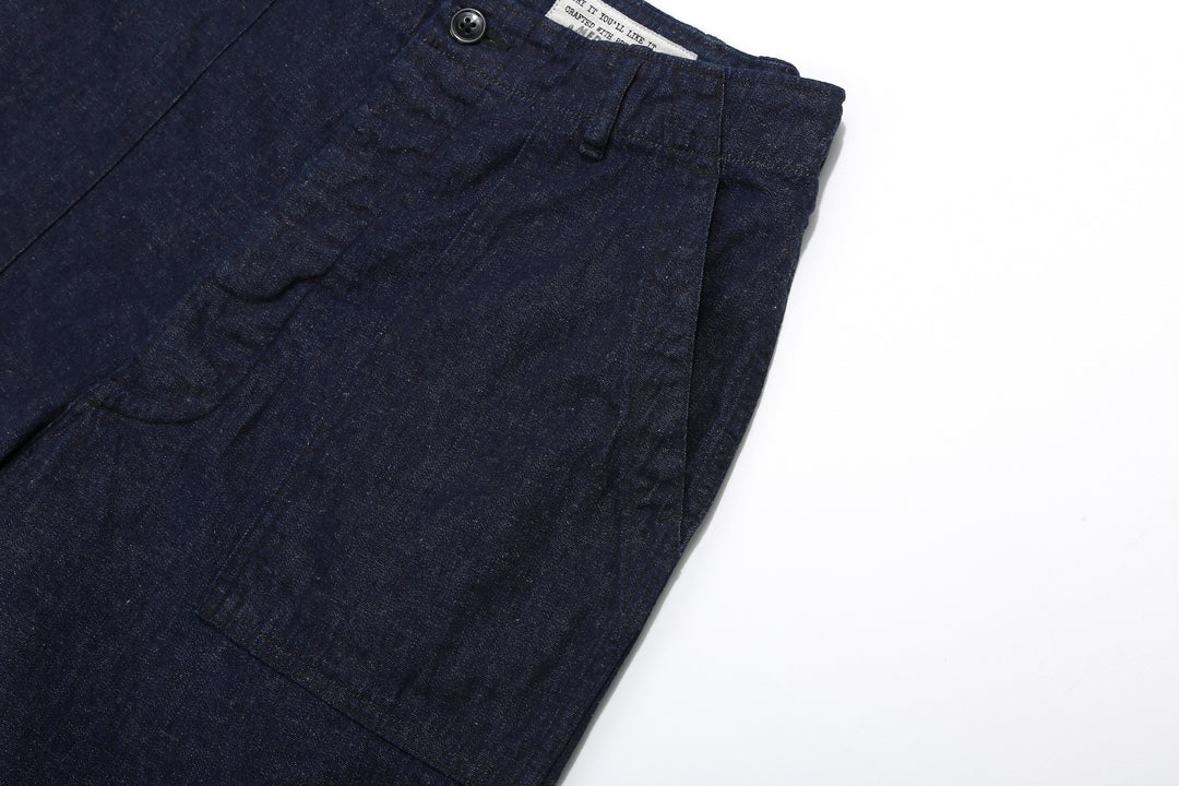 Boncoura Cotton Linen Indigo Denim Baker Pants – Front Patch Pocket Detail