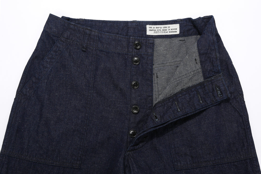 Boncoura Cotton Linen Indigo Denim Baker Pants – Button Fly and Interior Detail
