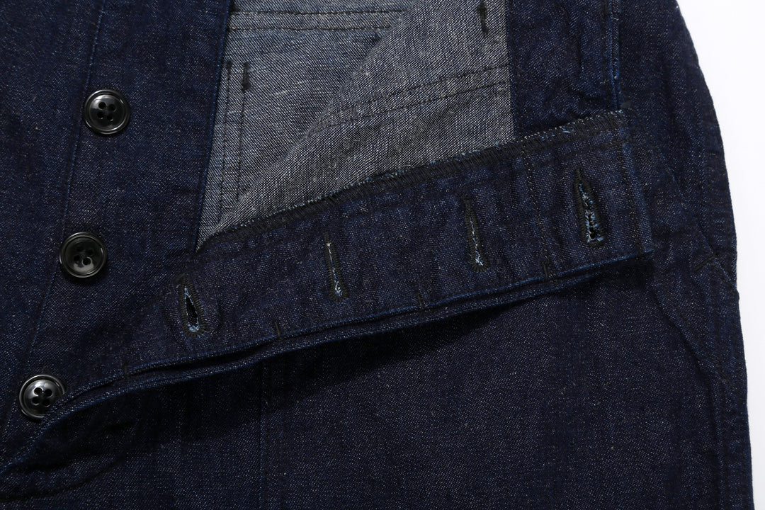 Boncoura Cotton Linen Indigo Denim Baker Pants – Button Fly Construction Detail