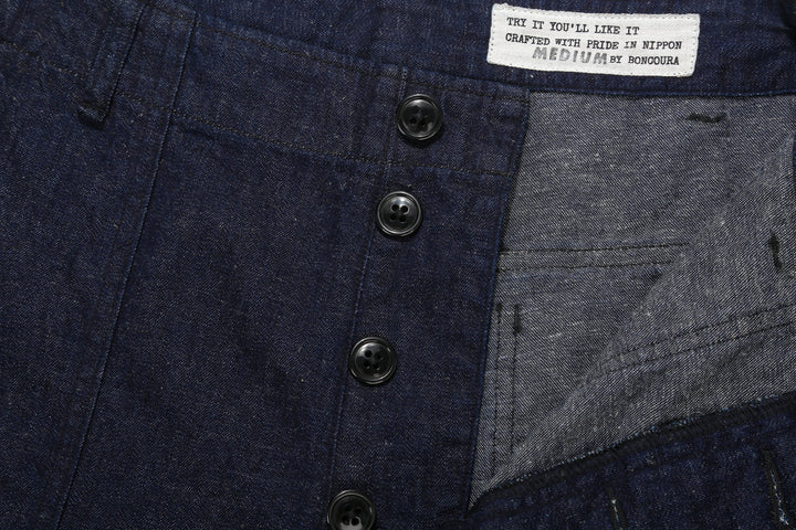 Boncoura Cotton Linen Indigo Denim Baker Pants – Button Fly and Brand Label Detail