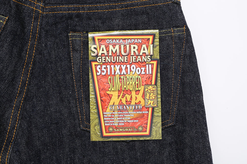 Samurai Jeans S511XX 19oz Kiwami selvedge denim slim tapered fit front view paper flasher