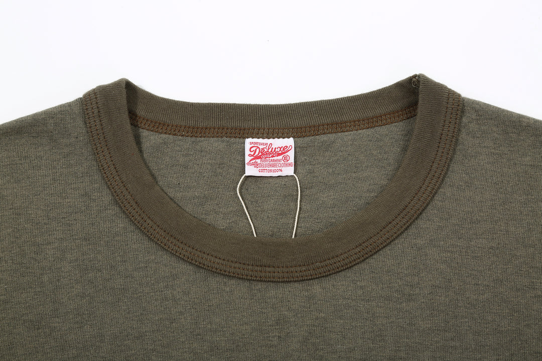 Deluxeware MTM-00 7.5oz “Wood Grain” Loopwheeled Pocket T-Shirt Made in Japan Heather Green NEck Detail