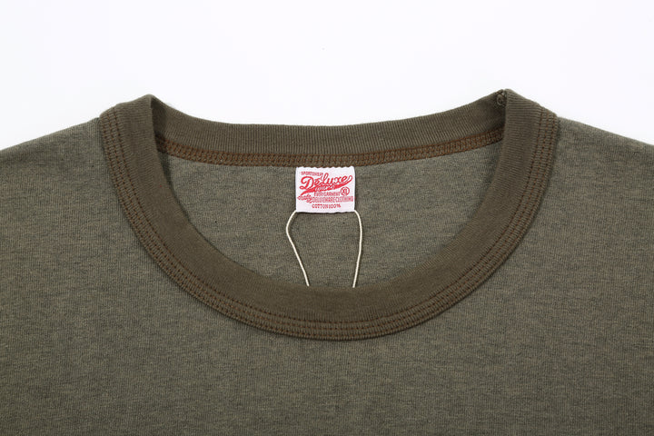 Deluxeware MTM-00 7.5oz “Wood Grain” Loopwheeled Pocket T-Shirt Made in Japan Heather Green NEck Detail