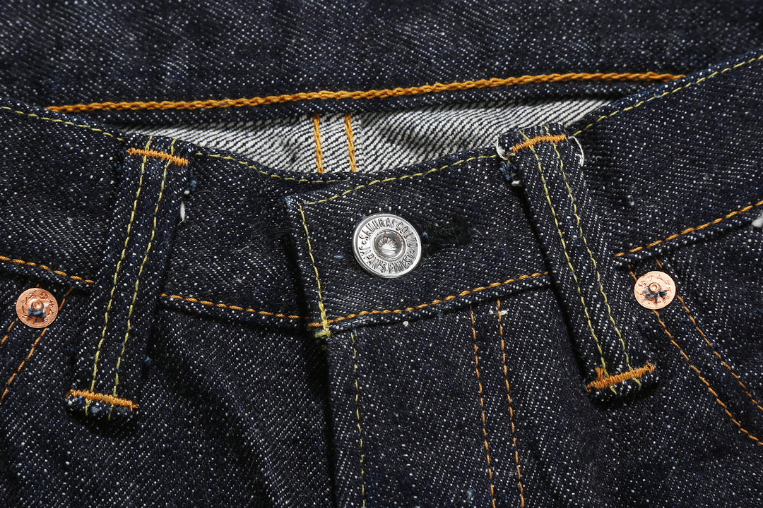 Samurai Jeans S511XX 19oz Kiwami selvedge denim slim tapered fit button detail