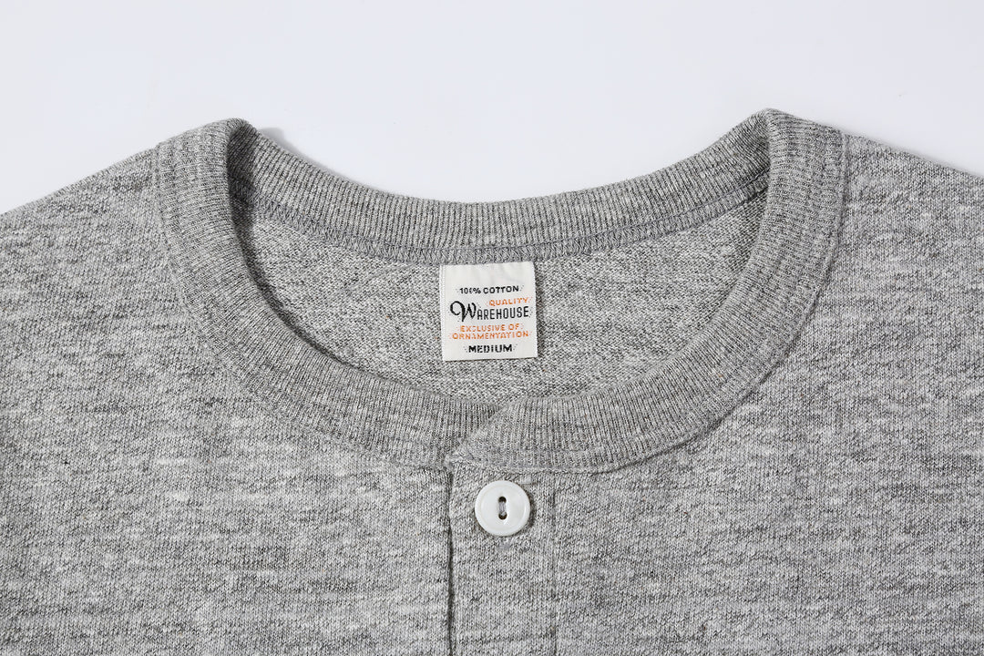 Warehouse Lot 4601 Shadow Border Slub Yarn Henley T-Shirt Made in Japan Heather Grey Neck Detail