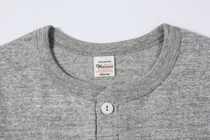 Warehouse Lot 4601 Shadow Border Slub Yarn Henley T-Shirt Made in Japan Heather Grey Neck Detail