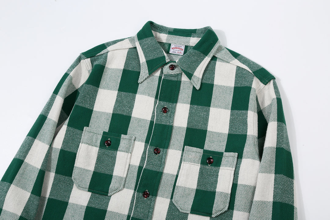 Warehouse Lot 3104 selvedge buffalo check flannel shirt long sleeve made in Japan cotton green collar