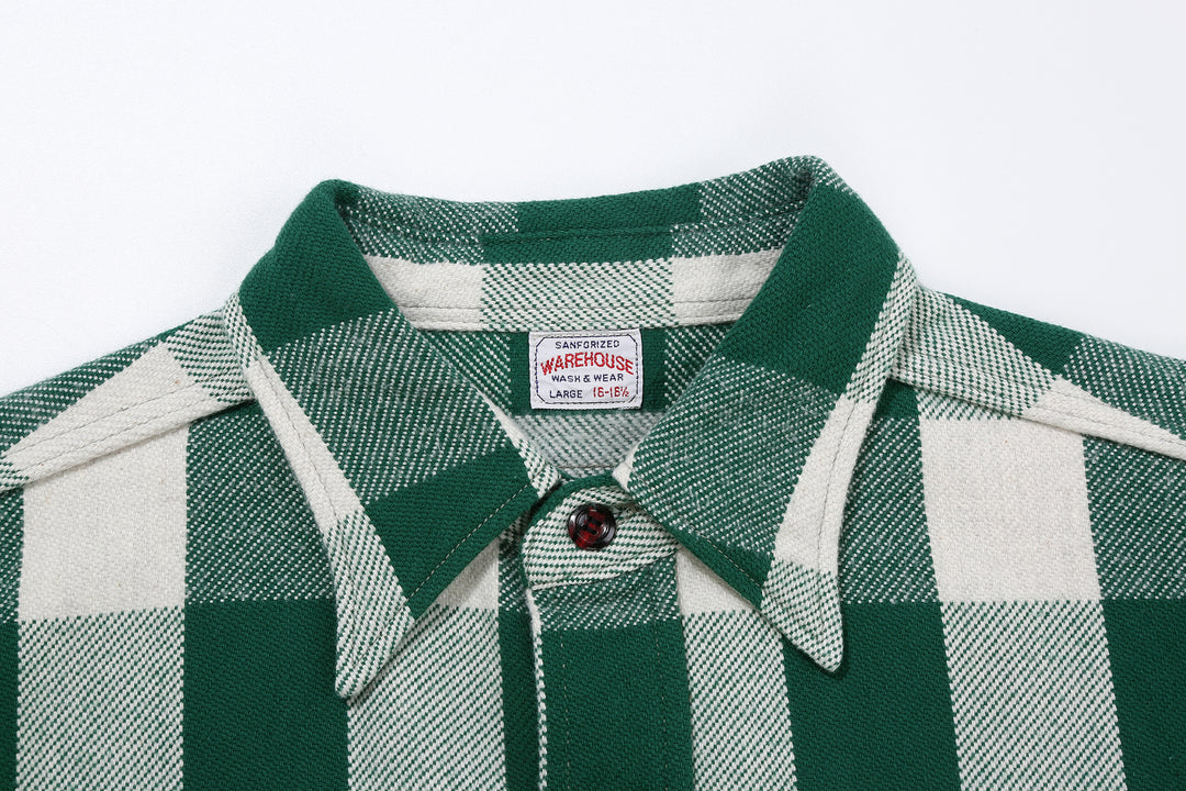 Warehouse Lot 3104 selvedge buffalo check flannel shirt long sleeve made in Japan cotton green collar detail