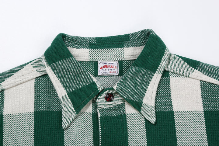 Warehouse Lot 3104 selvedge buffalo check flannel shirt long sleeve made in Japan cotton green collar detail