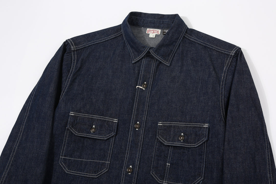 Freewheelers 2623002 Birner 8.5oz Indigo Denim Mechanic Shirt – Upper Front Detail