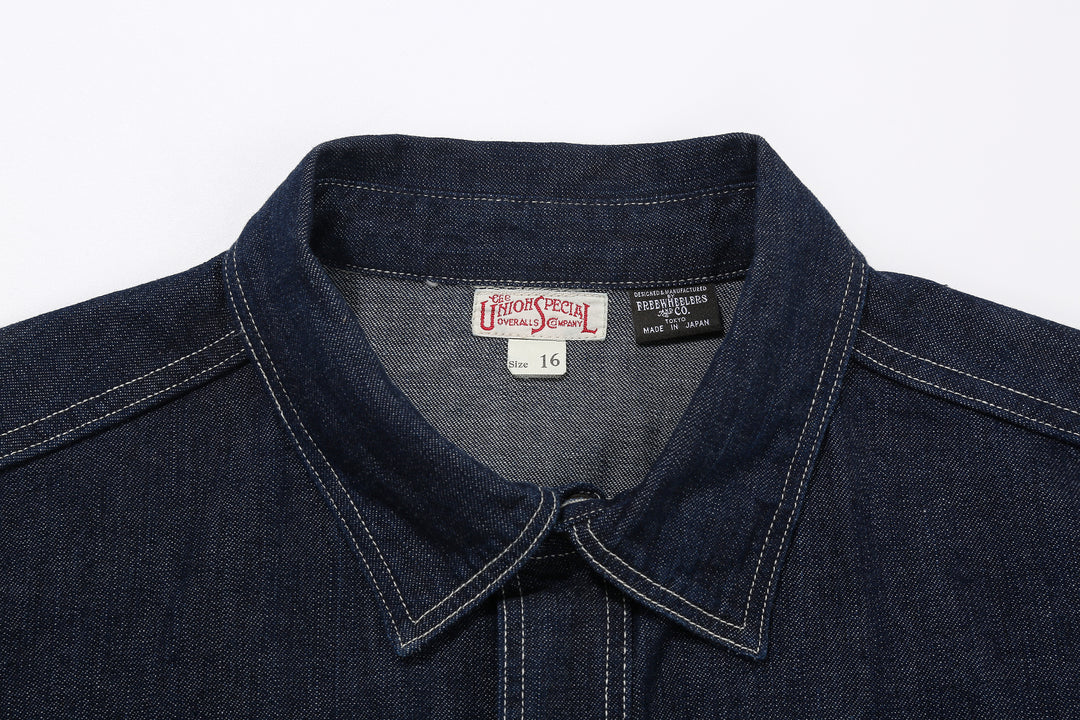 Freewheelers 2623002 Birner 8.5oz Indigo Denim Mechanic Shirt – Collar and Labels