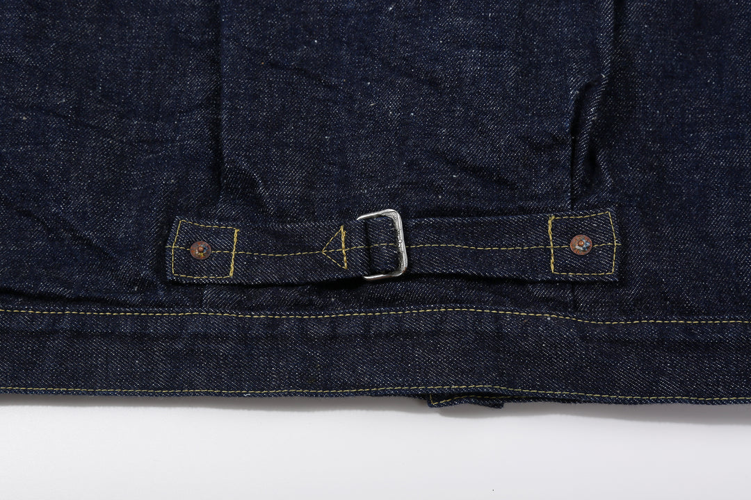 Samurai Jeans S554HX 15.8oz GL3 Samurai Cotton Selvedge Denim Type 1 Jacket - Back Cinch and Chrysanthemum-patterned Iron Buckle Detail