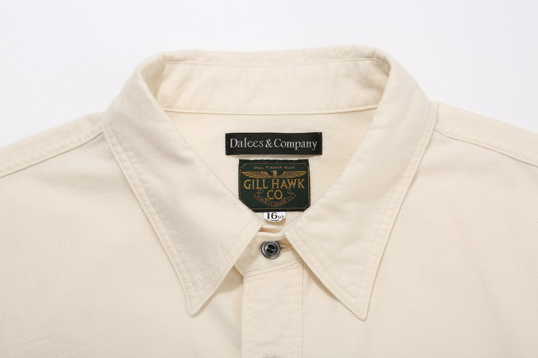 DALEE’S & CO. BF.49 Lightweight Flannel Shirt in Natural – Collar and Brand Label
