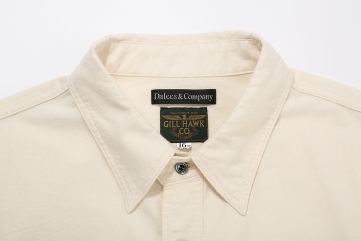 DALEE’S & CO. BF.49 Lightweight Flannel Shirt in Natural – Collar and Brand Label