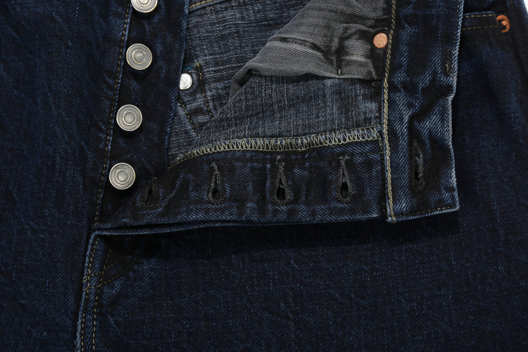 Omoto Denim 0615BCH 13.5oz Selvedge Sumi Overdyed Denim - Relaxed Tapered Fit Made in Japan - Button Hole