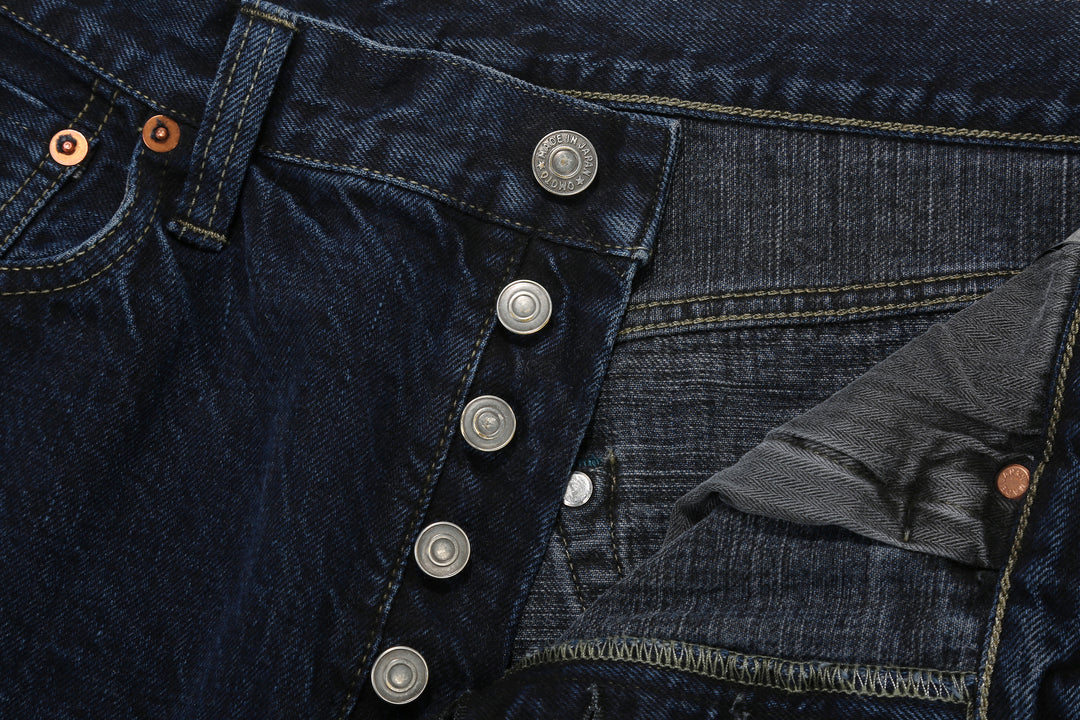 Omoto Denim 0615BCH 13.5oz Selvedge Sumi Overdyed Denim - Relaxed Tapered Fit Made in Japan - Buttons Close Up