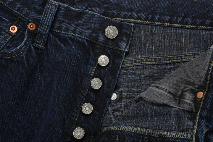 Omoto Denim 0615BCH 13.5oz Selvedge Sumi Overdyed Denim - Relaxed Tapered Fit Made in Japan - Buttons Close Up