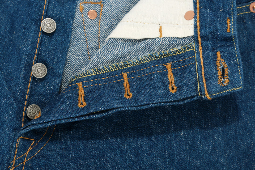 Pure Blue Japan GRE-003 greencast indigo selvedge denim regular straight jeans Made in Japan buttons holes