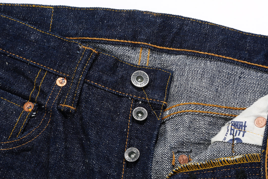 Samurai Jeans S211AX AI Plus 18oz selvedge denim relaxed tapered fit front view button close up