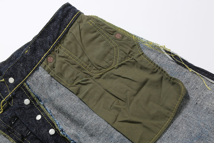 Samurai Jeans WWII model S2000HX olive herringbone pocket lining detail