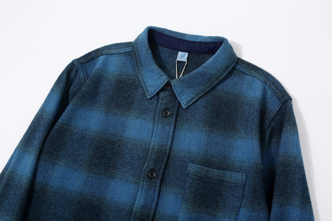 Pure Blue Japan 2235-BE Indigo Overdyed Cotton Tweed Check Shirt – Upper Front Detail