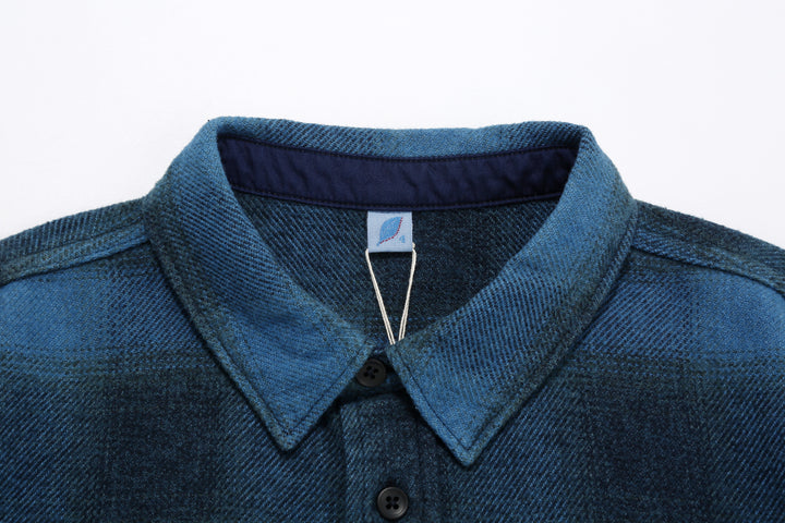 Pure Blue Japan 2235-BE Indigo Overdyed Cotton Tweed Check Shirt – Collar and Neck Label Detail