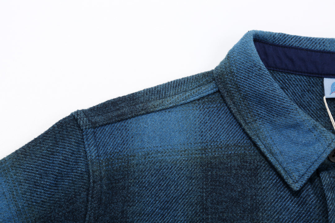 Pure Blue Japan 2235-BE Indigo Overdyed Cotton Tweed Check Shirt – Shoulder Seam Detail