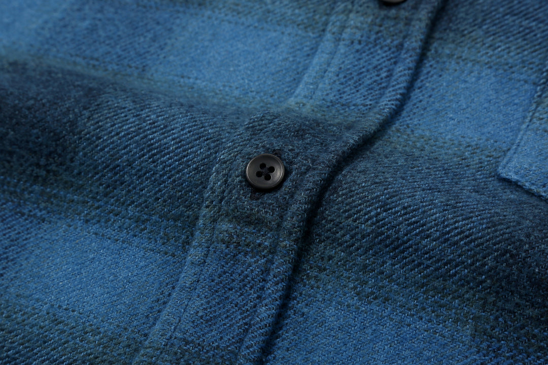 Pure Blue Japan 2235-BE Indigo Overdyed Cotton Tweed Check Shirt – Black Urea Button Detail