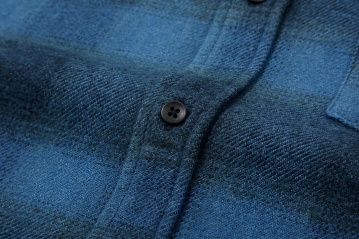 Pure Blue Japan 2235-BE Indigo Overdyed Cotton Tweed Check Shirt – Black Urea Button Detail
