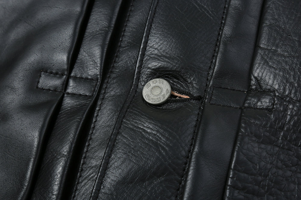 Boncoura Type 1 Horsehide Leather Jacket Tea-Core Black Made in Japan Button Close Up