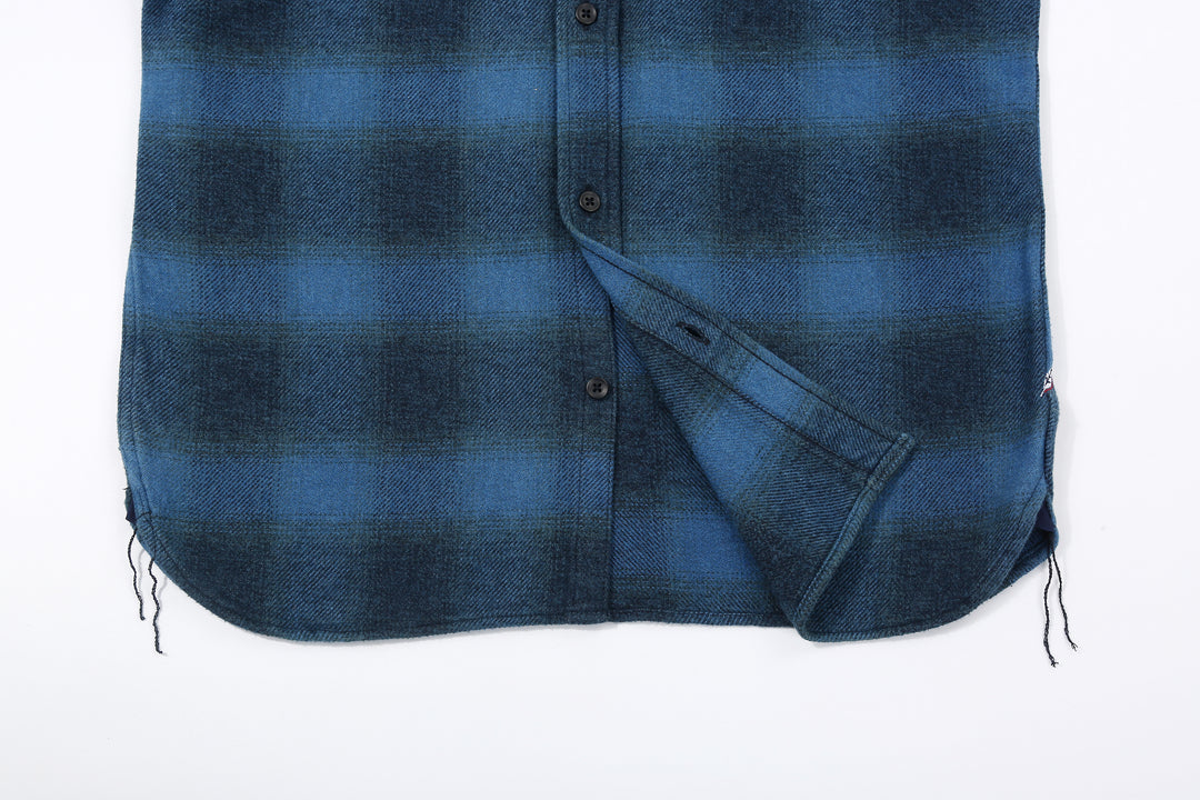 Pure Blue Japan 2235-BE Indigo Overdyed Cotton Tweed Check Shirt – Curved Hem Detail