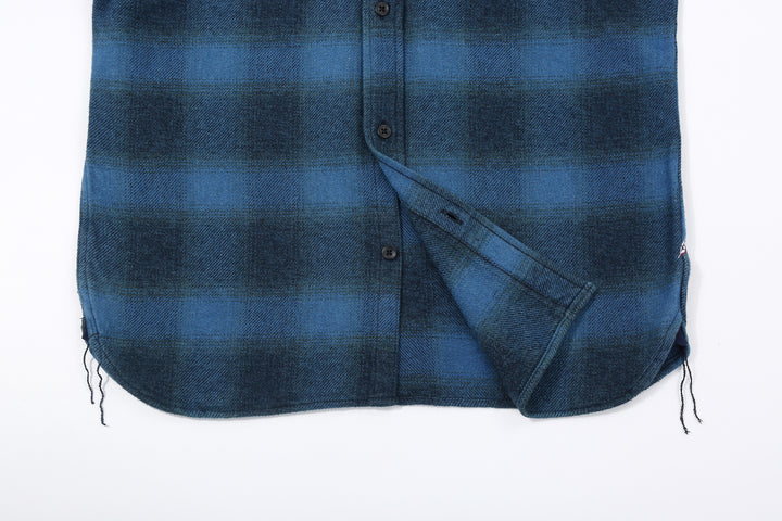 Pure Blue Japan 2235-BE Indigo Overdyed Cotton Tweed Check Shirt – Curved Hem Detail