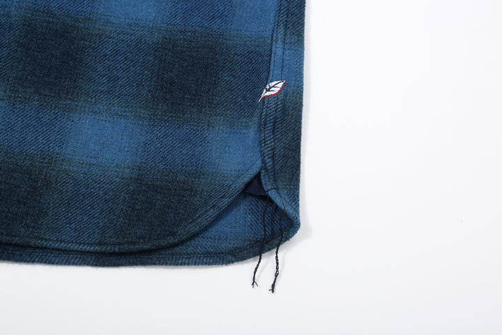 Pure Blue Japan 2235-BE Indigo Overdyed Cotton Tweed Check Shirt – Side Gusset, Chain-Stitch Run-Off and Shoai Leaf Embroidery Detail