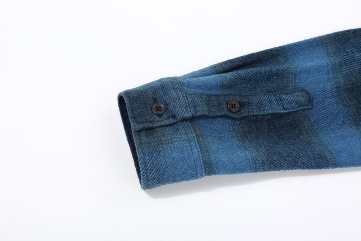 Pure Blue Japan 2235-BE Indigo Overdyed Cotton Tweed Check Shirt – Cuff and Sleeve Button Detail