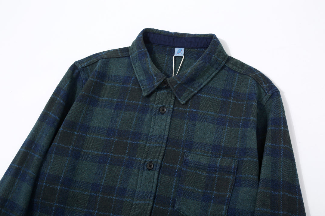 Pure Blue Japan 2235-BR Cotton Tweed Check Indigo Overdyed Shirt - Collar and Chest Pocket Detail