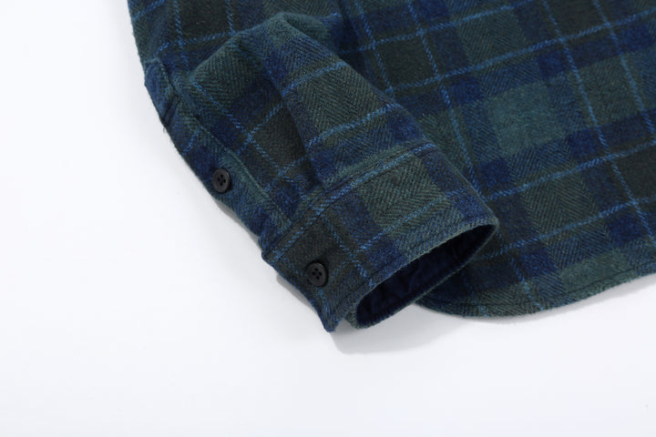 Pure Blue Japan 2235-BR Cotton Tweed Check Indigo Overdyed Shirt - Cuff Button Detail