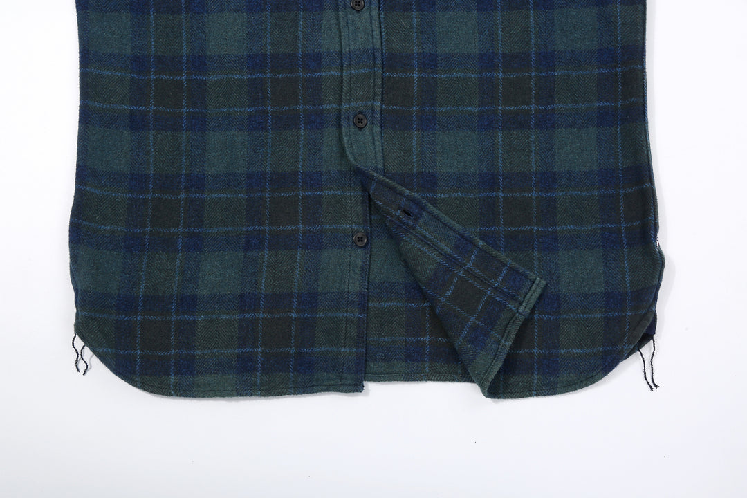 Pure Blue Japan 2235-BR Cotton Tweed Check Indigo Overdyed Shirt - Curved Hem and Chain Stitch Run-Off Detail