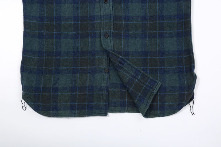 Pure Blue Japan 2235-BR Cotton Tweed Check Indigo Overdyed Shirt - Curved Hem and Chain Stitch Run-Off Detail