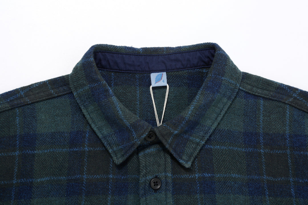 Pure Blue Japan 2235-BR Cotton Tweed Check Indigo Overdyed Shirt - Collar and Reinforced Back Neck Facing